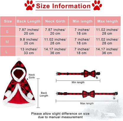 Christmas Cat Dog Costume Red Black Buffalo Plaid Pet Santa Cape with Xmas Hat Cat Collars with Bell and Bowtie Cats Cloak Pet Costume for Party Cosplay Christmas Pets Dress up (Medium)