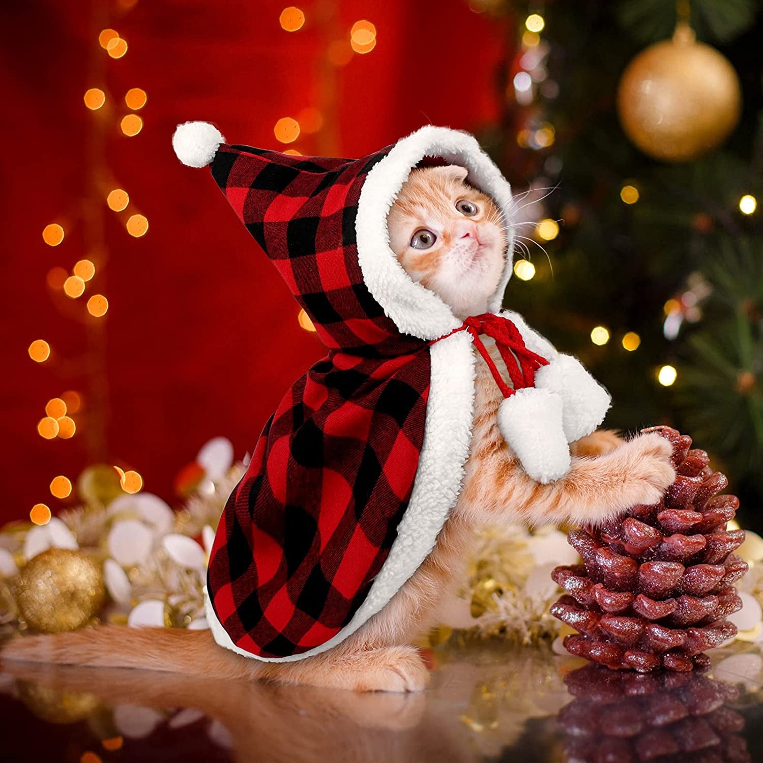 Christmas Cat Dog Costume Red Black Buffalo Plaid Pet Santa Cape with Xmas Hat Cat Collars with Bell and Bowtie Cats Cloak Pet Costume for Party Cosplay Christmas Pets Dress up (Medium)