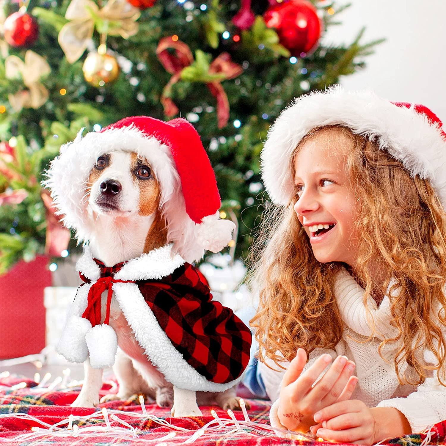 Christmas Cat Dog Costume Red Black Buffalo Plaid Pet Santa Cape with Xmas Hat Cat Collars with Bell and Bowtie Cats Cloak Pet Costume for Party Cosplay Christmas Pets Dress up (Medium)